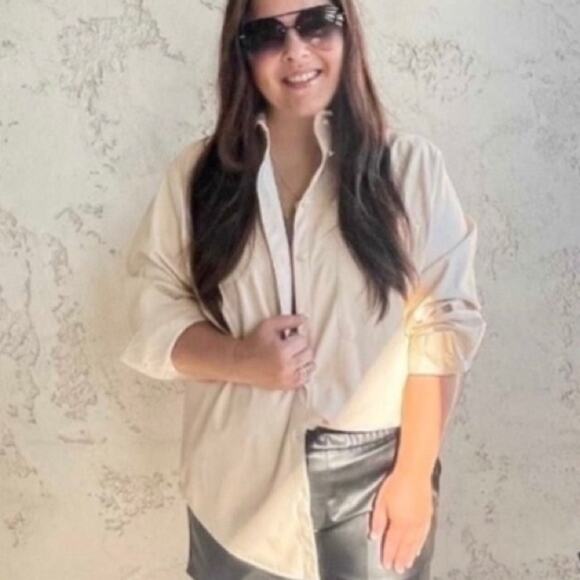 a new day Tops - A New Day Long Sleeve Faux Leather Button Down Shirt Cream Off White NWT Medium